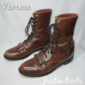 Vintage Justin Women's Sz 6.5 Combat/Moto Style Brown Leather Lace-up Boots